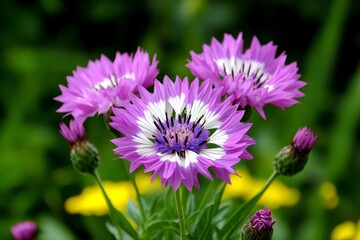 Obraz premium Centaurea Dealbata (Persian Cornflower) blooming in a wildflower meadow, with its soft pink and white petals standing out against the greenery