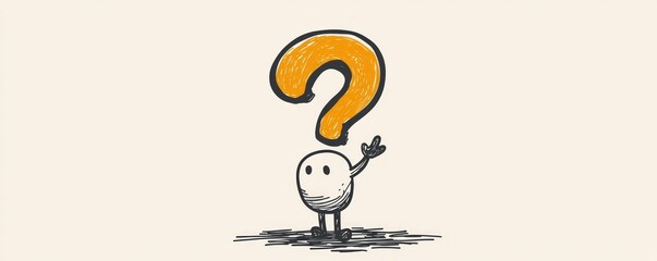 Simplistic hand-drawn stickman pondering a question mark, representing curiosity and ideas.