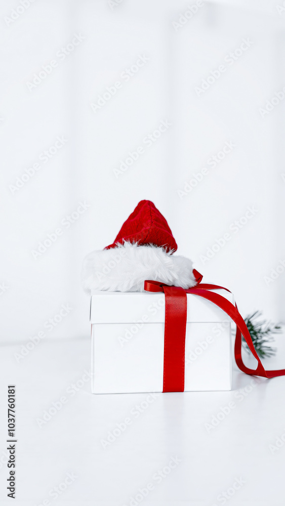 Wall mural white gift box decorated with a red ribbon a santa hat