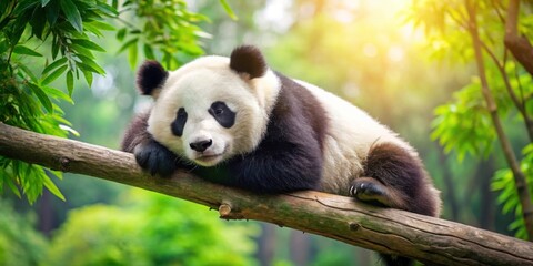 Obraz premium Cute giant panda peacefully sleeping on a tree branch in the spring woods, panda, giant, cute, sleeping, tree, outdoor
