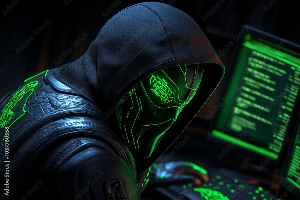 Fototapete Hacker, depicted in a gothic style, accessing dark web data through ancient-looking computer terminals, with shadows and glowing screens