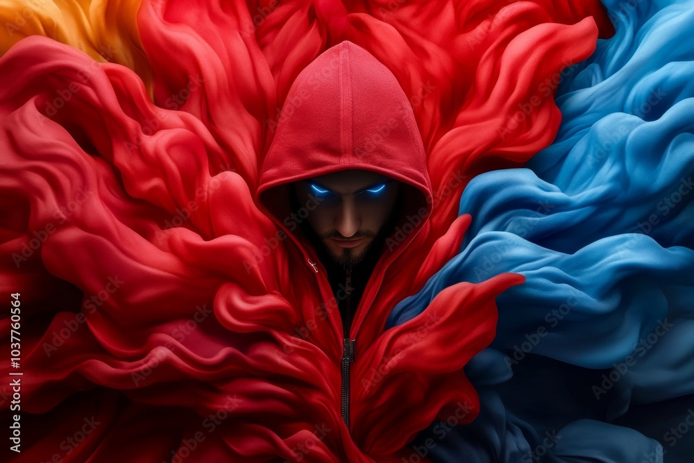Aufkleber Hacker, depicted in watercolor, surrounded by abstract flowing colors representing digital data, encryption, and code