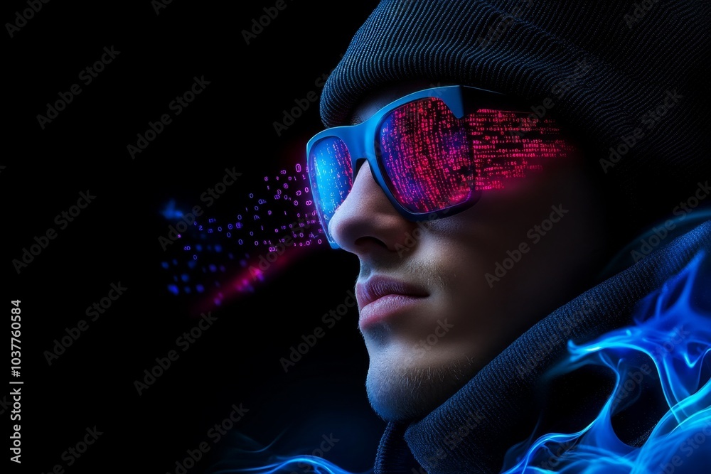 Poster Hacker, depicted in watercolor, surrounded by abstract flowing colors representing digital data, encryption, and code