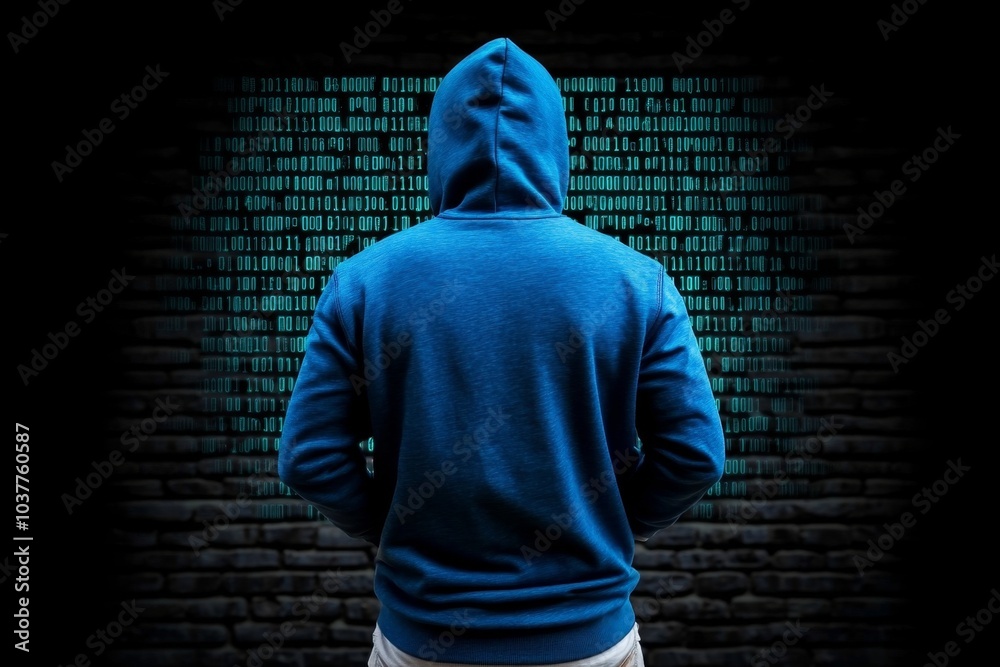 Poster Hacker, displayed in a minimalist, abstract design, sitting in front of a glowing screen with simple lines of green code