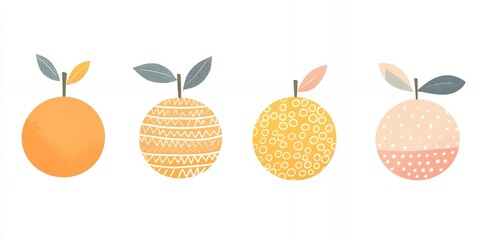 Four colorful oranges with different patterns on a white background.