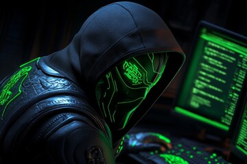 Hacker, depicted in a gothic style, accessing dark web data through ancient-looking computer terminals, with shadows and glowing screens