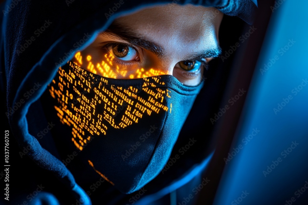 Aufkleber Hacker, wearing a black hoodie, accessing sensitive data through a computer screen, with lines of code reflected on their face