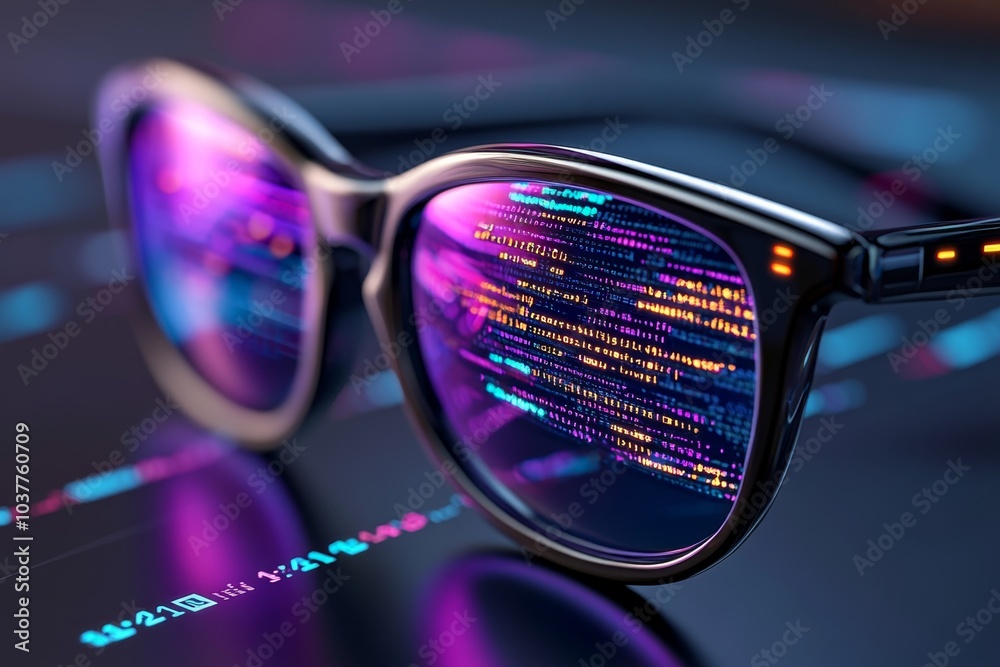Poster Hacker, visualized in hyper-realistic style, with digital code reflected on glasses, showing the intricate details of the hacking environment