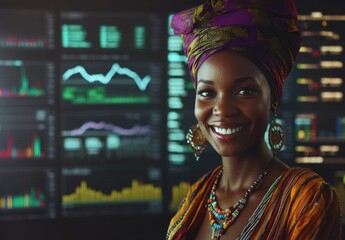 A smiling woman in traditional attire stands before financial data displays.
