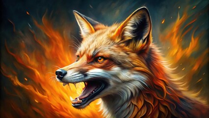 Intense painting of fox with bared teeth, fiery orange and black colors , Fox, teeth, bared, aggressive, intense, painting, orange