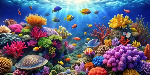 Vibrant and colorful underwater coral reef with diverse marine life, ocean, underwater, coral, reef, marine, life, colorful