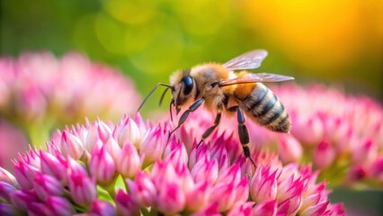 Bee on a delicate pink flower in the garden, nature, pollination, spring, insect, beauty, close-up, petal, macro, wildlife