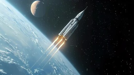 A sleek rocket launching into space against a backdrop of Earth and distant planets.