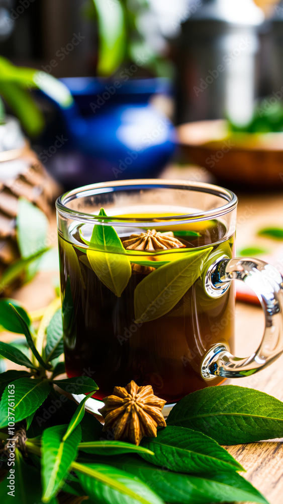 Sticker mug dark tea with star anise green leaves