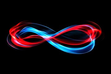 Abstract infinity symbol made with red and blue lights on a black background.