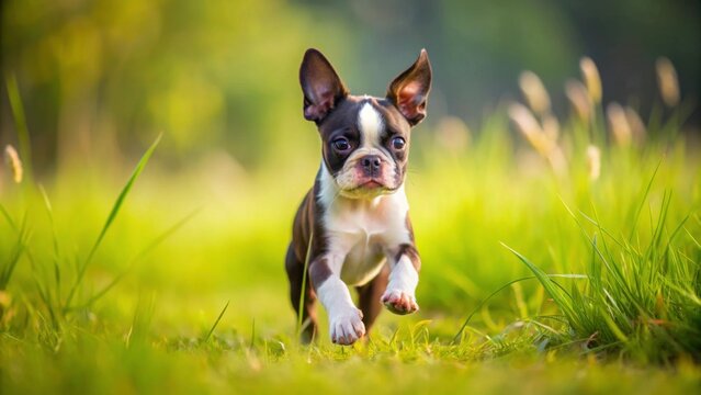 Playful Boston Terrier puppy dog running in a grassy field, playful, Boston Terrier, puppy, dog, running, grassy field, cute