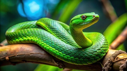 Fototapeta premium A close-up image of a vibrant green snake slithering on a tree branch , reptile, animal, wildlife, scales, nature