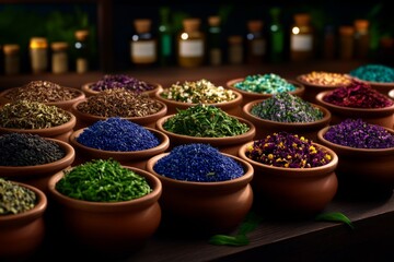 Fototapeta premium Herbs, arranged in a realistic scene with dried chamomile, lavender, and echinacea alongside herbal teas and wellness tonics