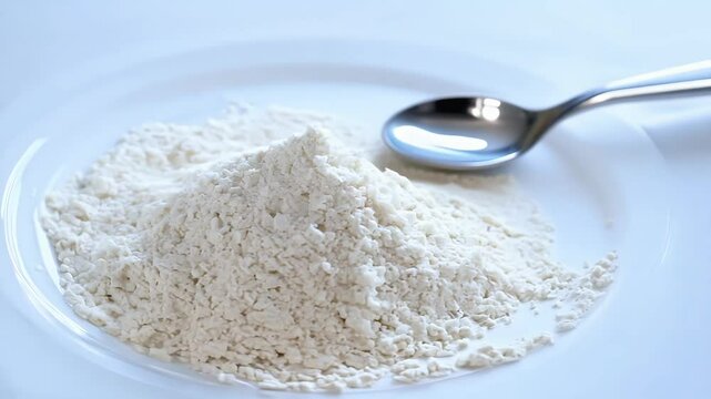 Glucono DeltaLactone Powder Sample Top View Food Additive Used Acidity Regulator Baking Displayed 4K Rotating Video white enzyme texture delta pure pile ap measuring spoon organic compound acid
