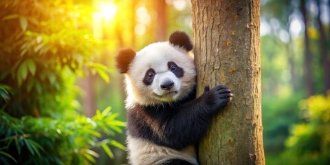 Obraz premium Playful giant panda cub hugging a tree in a sunlit forest, panda, cub, playful, hugging, tree, sunlit, forest