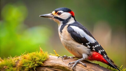 Naklejka premium Close-up photo of a Great Spotted Woodpecker in a natural habitat, woodland, birdwatching, wildlife, nature, beautiful, feathers, perched