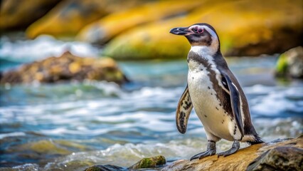 Fototapeta premium A detailed close-up shot of a Humboldt Penguin standing on a rocky shoreline, Humboldt Penguin