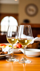 two glasses golden wine await on a wooden table