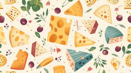 A colorful pattern featuring various types of cheese and garnishes.