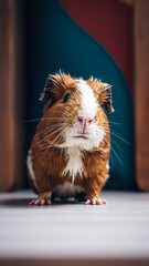 brown white guinea pig with a curious expression