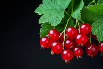 Redcurrant (Ribes Rubrum) branches laden with fruit, the deep red berries contrasting beautifully with the bright green leaves