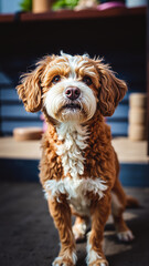 brown white dog with a fluffy coat looks directly at the camera