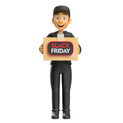 Delivery Person Holding Black Friday Boxes in 3D Render with transparent background