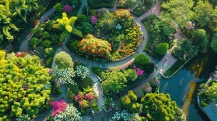 Aerial View of a Lush Garden with a Pond