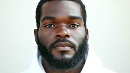 Obraz premium african american man, black hair and beard with some grey in it, wearing white hoodie, brown eyes, light skinned, medium build body type, background is plain white, headshot