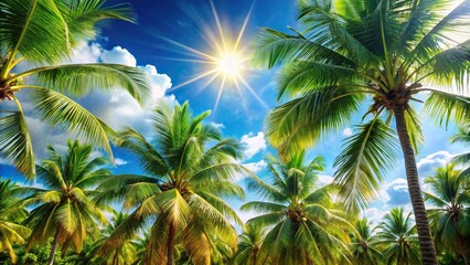 Macro shot of palm trees under blue skies and sunshine in a tropical haven
