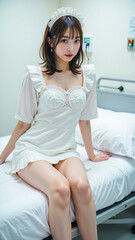 「白いメイド風コスチュームを着た女性がベッドに座り、フェミニンで可愛らしいスタイルが際立つシーン、ヘッドドレスとフリルのディテールがクラシカルなメイドスタイルを強調し、清潔感あふれる室内で撮影されたシーン」