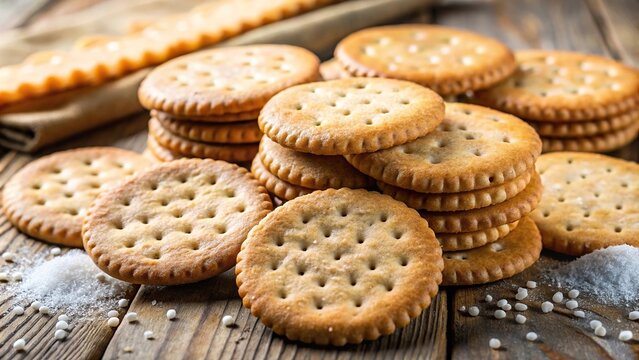 Macro shot of round salted homemade crackers with whole wheat