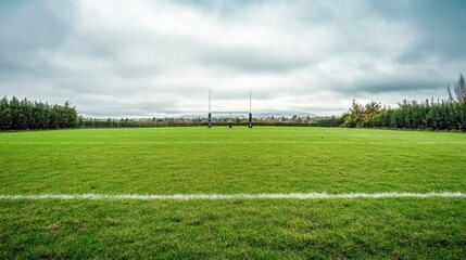 A rugby field with grassy terrain, outdoor setting with goal posts, Robust style
