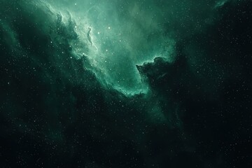 Stunning depiction of a dark green galaxy nebula, scattered with stars, providing a deep space cosmic feel.