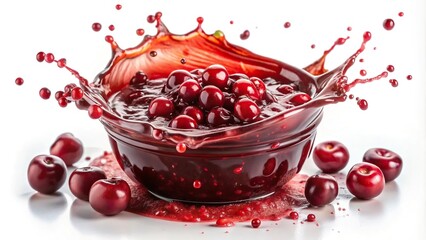Macro splash of cranberry jam on white background