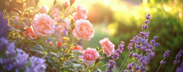 Sunny garden scene with lavender and pink roses in full bloom, basking in the golden sunlight, surrounded by lush greenery.