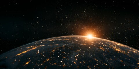 Obraz premium A breathtaking view of Earth from space, with the sun rising over the horizon and illuminating the planet's surface.