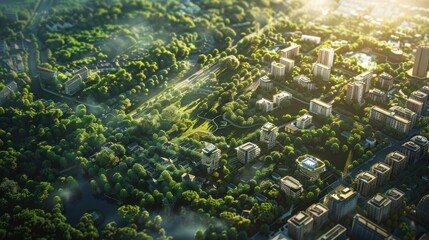 Aerial View of Cityscape with Green Trees