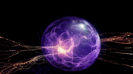 A depiction of ultraviolet energy as a purple orb and waves of golden energy on a black background