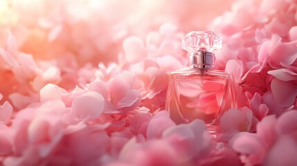 Delicate Elegance - Luxury Floral Scene with Perfume Bottle and Pink Petals on Pastel Background