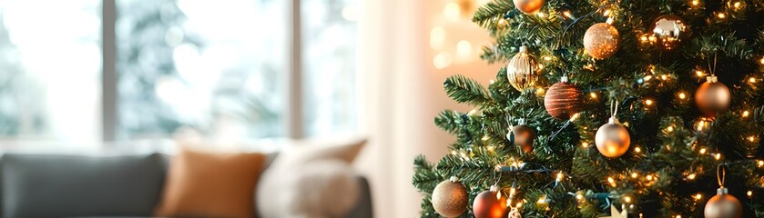 Fototapeta premium Decorated Christmas Tree with Gold Ornaments and Lights
