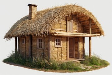 A straw house made of woven thatch and straw bundles, with a simple, rustic design featuring a sloped roof and small windows, set on a transparent background.