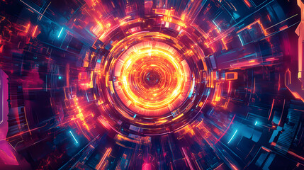 Fototapeta premium A vibrant graphic illustration of a glowing energy vortex with neon and futuristic elements, symbolizing power, technology, and the flow of data in a dynamic digital realm.