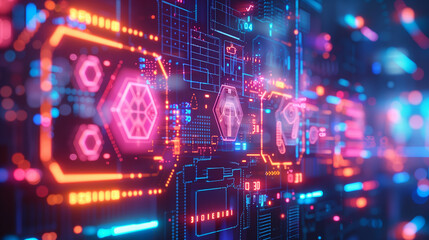 cyber tech background wallpaper with Futuristic digital interface with transparent layers, hexagonal grids, and holographic icons glowing in a neon blue hue.