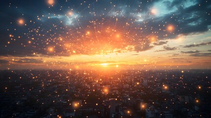 Lines and dots as wireless connection technology icons in the sky over city at sunset. 